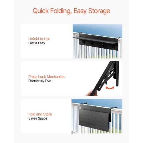 VEVOR 12 x 59 in Balcony Hanging Table, Folding Balcony Railing Table, Outdoor Balcony Bar Table for Railings, 50 lbs Loading, Fit Railing from 1" to