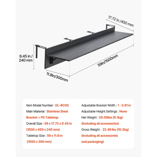 VEVOR 12 x 59 in Balcony Hanging Table, Folding Balcony Railing Table, Outdoor Balcony Bar Table for Railings, 50 lbs Loading, Fit Railing from 1" to