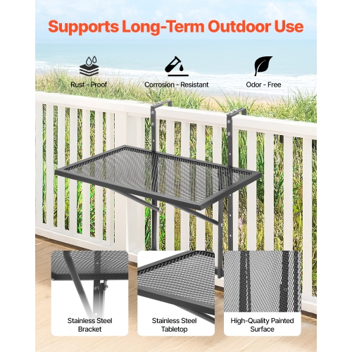 VEVOR 19 x 24 in Balcony Hanging Table, Metal Folding Balcony Railing Table, Outdoor Balcony Bar Table for Railings, 5-Level Adjustable, Fit Railing