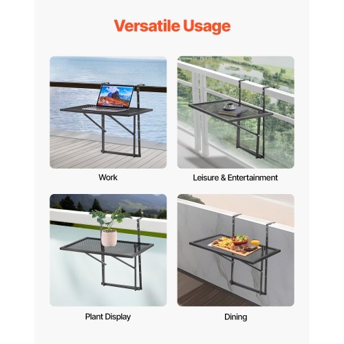 VEVOR 19 x 24 in Balcony Hanging Table, Metal Folding Balcony Railing Table, Outdoor Balcony Bar Table for Railings, 5-Level Adjustable, Fit Railing