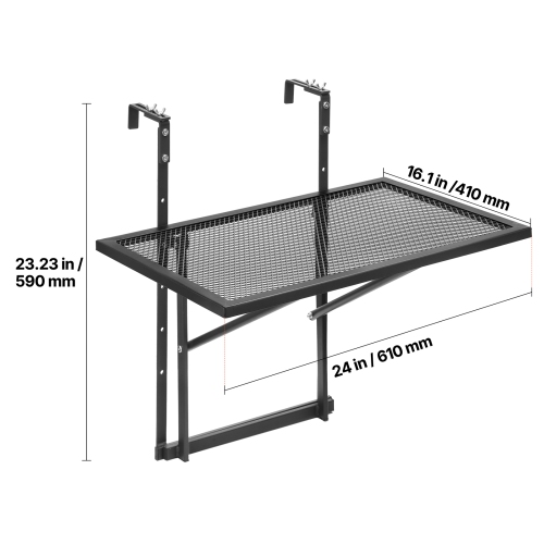 VEVOR 19 x 24 in Balcony Hanging Table, Metal Folding Balcony Railing Table, Outdoor Balcony Bar Table for Railings, 5-Level Adjustable, Fit Railing