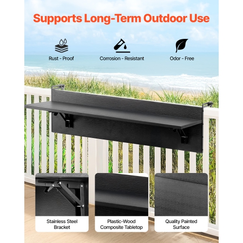 VEVOR 12 x 32 in Balcony Hanging Table, Folding Balcony Railing Table, Outdoor Balcony Bar Table for Railings, 50 lbs Loading, Fit Railing from 1" to
