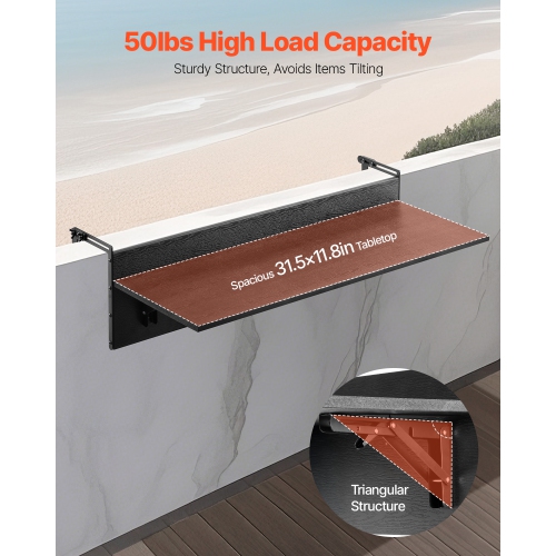 VEVOR 12 x 32 in Balcony Hanging Table, Folding Balcony Railing Table, Outdoor Balcony Bar Table for Railings, 50 lbs Loading, Fit Railing from 1" to
