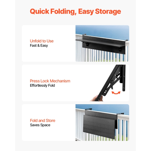 VEVOR 12 x 32 in Balcony Hanging Table, Folding Balcony Railing Table, Outdoor Balcony Bar Table for Railings, 50 lbs Loading, Fit Railing from 1" to