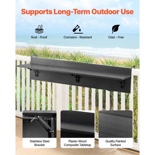 VEVOR 12 x 48 in Balcony Hanging Table, Folding Balcony Railing Table, Outdoor Balcony Bar Table for Railings, 50 lbs Loading, Fit Railing from 1" to