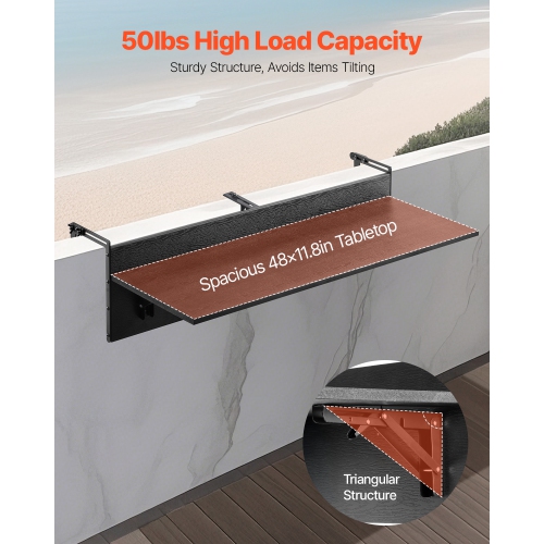 VEVOR 12 x 48 in Balcony Hanging Table, Folding Balcony Railing Table, Outdoor Balcony Bar Table for Railings, 50 lbs Loading, Fit Railing from 1" to