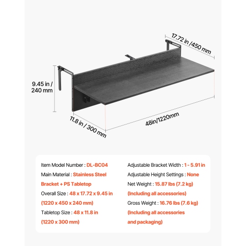 VEVOR 12 x 48 in Balcony Hanging Table, Folding Balcony Railing Table, Outdoor Balcony Bar Table for Railings, 50 lbs Loading, Fit Railing from 1" to