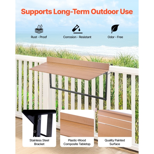 VEVOR 15 x 39 in Balcony Hanging Table, Folding Balcony Railing Table, Outdoor Balcony Bar Table for Railings, 5-Level Adjustable, Fit Railing from