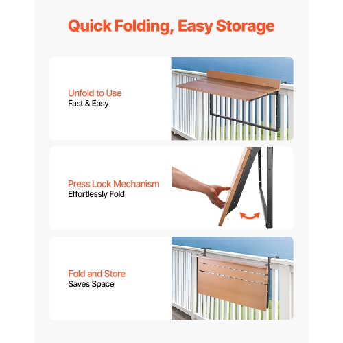 VEVOR 15 x 39 in Balcony Hanging Table, Folding Balcony Railing Table, Outdoor Balcony Bar Table for Railings, 5-Level Adjustable, Fit Railing from