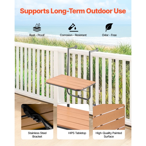 VEVOR 25 x 24 in Balcony Hanging Table, Folding Balcony Railing Table, Outdoor Balcony Bar Table for Railings, 4-Level Adjustable, Fit Railing from