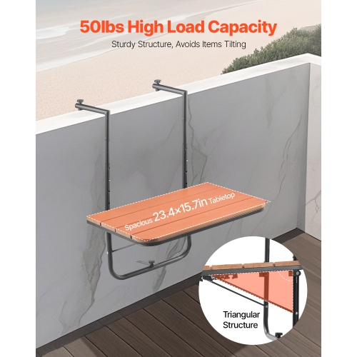 VEVOR 25 x 24 in Balcony Hanging Table, Folding Balcony Railing Table, Outdoor Balcony Bar Table for Railings, 4-Level Adjustable, Fit Railing from