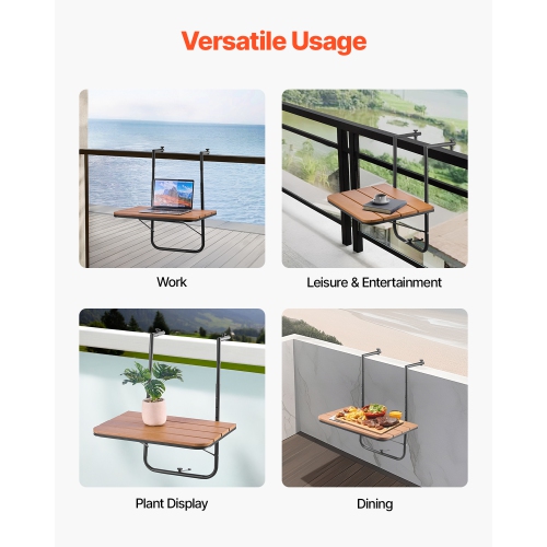 VEVOR 25 x 24 in Balcony Hanging Table, Folding Balcony Railing Table, Outdoor Balcony Bar Table for Railings, 4-Level Adjustable, Fit Railing from
