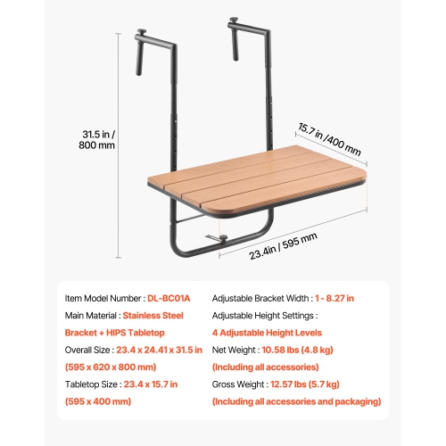 VEVOR 25 x 24 in Balcony Hanging Table, Folding Balcony Railing Table, Outdoor Balcony Bar Table for Railings, 4-Level Adjustable, Fit Railing from