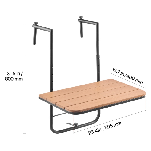 VEVOR 25 x 24 in Balcony Hanging Table, Folding Balcony Railing Table, Outdoor Balcony Bar Table for Railings, 4-Level Adjustable, Fit Railing from