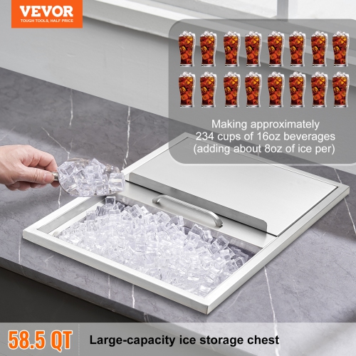 VEVOR 24"L x 18"W x 13"H Drop in Ice Chest, Stainless Steel, Ice Bin with Sliding Cover, 40.9 qt Outdoor Kitchen Ice Bar, Drain-pipe and Drain Plug