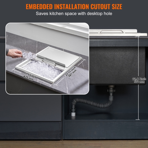 VEVOR 24"L x 18"W x 13"H Drop in Ice Chest, Stainless Steel, Ice Bin with Sliding Cover, 40.9 qt Outdoor Kitchen Ice Bar, Drain-pipe and Drain Plug