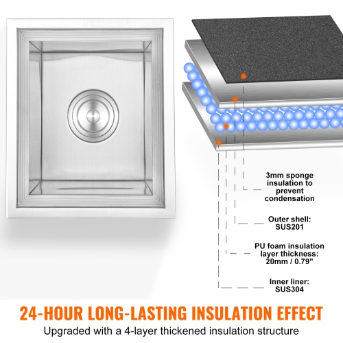 VEVOR 14"L x 12"W x 18"H Drop in Ice Chest, Stainless Steel, Commercial Ice Bin with Cover, 40 qt Outdoor Kitchen Ice Bar, Drain-pipe and Drain Plug