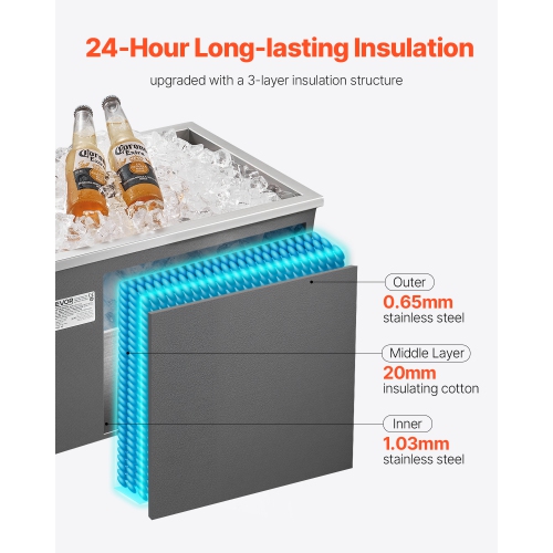 VEVOR 20"L x 14"W x 12"H Drop in Ice Chest, Stainless Steel, 31.7 Quart Commercial Ice Bin with Pot Lid for Outdoor Kitchen Patio Bar, Drain-pipe Set