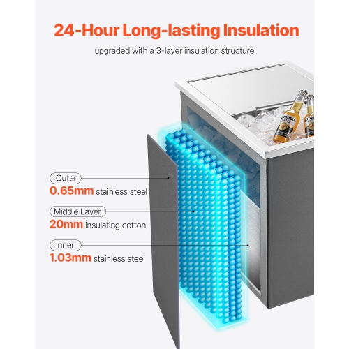 VEVOR 18"L x 12"W x 15"H Drop in Ice Chest, Stainless Steel, 28.6 Quart Ice Bin with Sliding Lid for Outdoor Kitchen Patio Bar, Drain-pipe Set