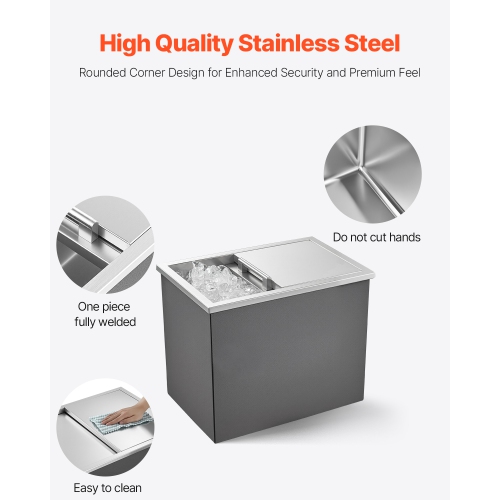 VEVOR 18"L x 12"W x 15"H Drop in Ice Chest, Stainless Steel, 28.6 Quart Ice Bin with Sliding Lid for Outdoor Kitchen Patio Bar, Drain-pipe Set