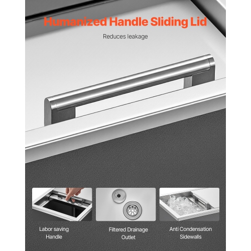 VEVOR 18"L x 12"W x 15"H Drop in Ice Chest, Stainless Steel, 28.6 Quart Ice Bin with Sliding Lid for Outdoor Kitchen Patio Bar, Drain-pipe Set