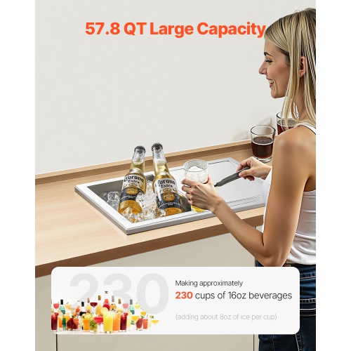 VEVOR 24"L x 18"W x 13"H Drop in Ice Chest, Stainless Steel, 57.8 Quart Ice Bin with Sliding Lid for Outdoor Kitchen Patio Bar, Drain-pipe Set