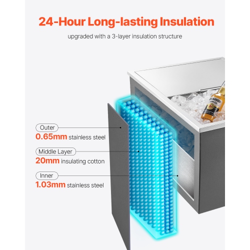 VEVOR 24"L x 18"W x 13"H Drop in Ice Chest, Stainless Steel, 57.8 Quart Ice Bin with Sliding Lid for Outdoor Kitchen Patio Bar, Drain-pipe Set