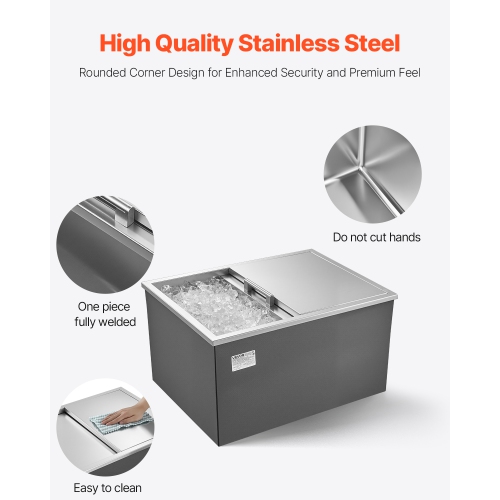 VEVOR 24"L x 18"W x 13"H Drop in Ice Chest, Stainless Steel, 57.8 Quart Ice Bin with Sliding Lid for Outdoor Kitchen Patio Bar, Drain-pipe Set