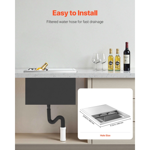 VEVOR 24"L x 18"W x 13"H Drop in Ice Chest, Stainless Steel, 57.8 Quart Ice Bin with Sliding Lid for Outdoor Kitchen Patio Bar, Drain-pipe Set