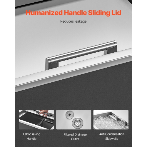 VEVOR 24"L x 18"W x 13"H Drop in Ice Chest, Stainless Steel, 57.8 Quart Ice Bin with Sliding Lid for Outdoor Kitchen Patio Bar, Drain-pipe Set