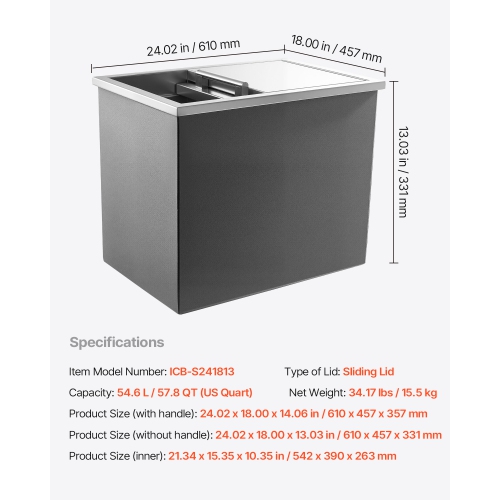 VEVOR 24"L x 18"W x 13"H Drop in Ice Chest, Stainless Steel, 57.8 Quart Ice Bin with Sliding Lid for Outdoor Kitchen Patio Bar, Drain-pipe Set