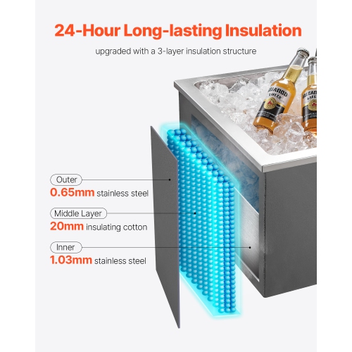 VEVOR 20"L x 16"W x 13"H Drop in Ice Chest, Stainless Steel, 44.7 Quart Commercial Ice Bin with Flip Lid for Outdoor Kitchen Patio Bar, Drain-pipe