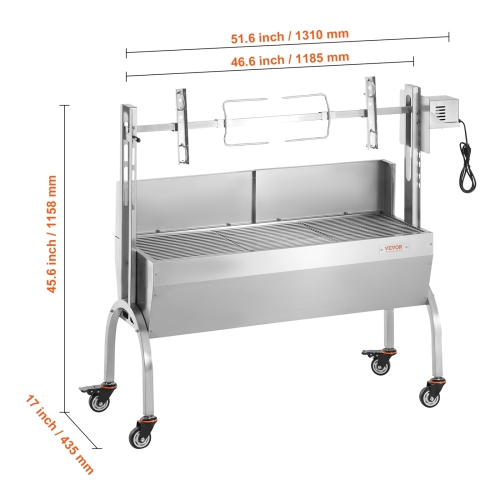 VEVOR 46 Inch Rotisserie Grill with Windscreen, BBQ Whole Pig Lamb Goat Charcoal Spit Grill, 132 Lbs Capacity, Electric 52W Motor Stainless Steel