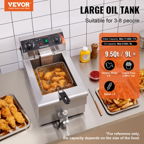 VEVOR 1500W Commercial Deep Fryer, Electric Countertop Fryer with Basket, 11.6Qt / 11L Stainless Steel Single Oil Fryer with Time & Temp Control,