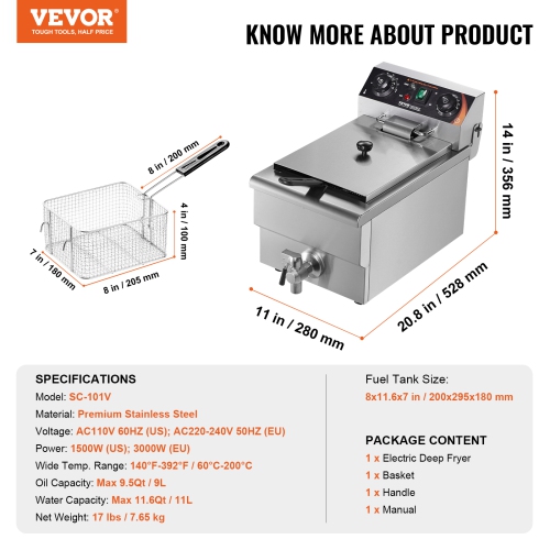 VEVOR 1500W Commercial Deep Fryer, Electric Countertop Fryer with Basket, 11.6Qt / 11L Stainless Steel Single Oil Fryer with Time & Temp Control,