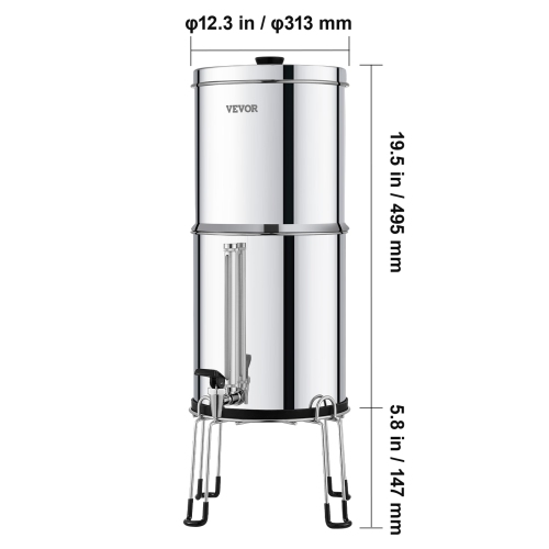 Système de filtre à eau à alimentation par gravité VEVOR 2.25G, acier inoxydable 304, réduit le plomb et jusqu'à 99 % du chlore, avec 2 filtre au