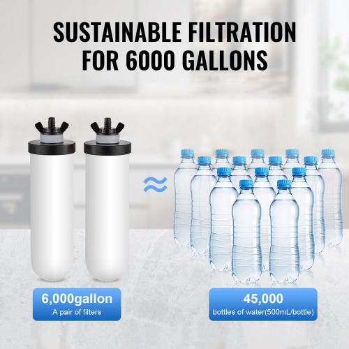 VEVOR 2.25G Gravity-fed Water Filter System, 304 Stainless-Steel Water Filtration System, Reduces Lead and up to 99% of Chlorine, with 2 Ceramic