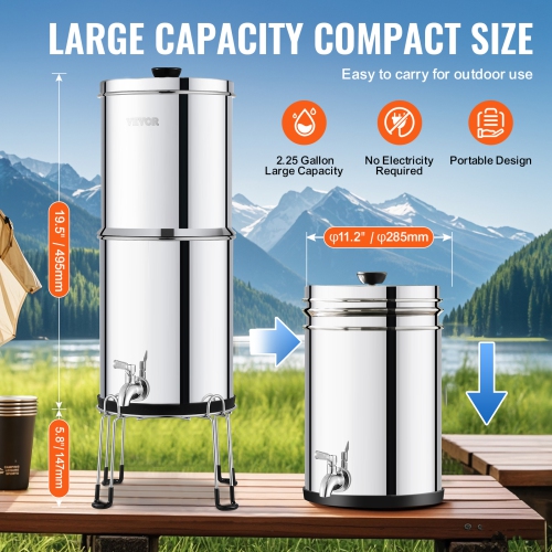 VEVOR 2.25G Gravity-fed Water Filter System, 304 Stainless-Steel Water Filtration System, Reduces Lead and up to 99% of Chlorine, with 2 Ceramic