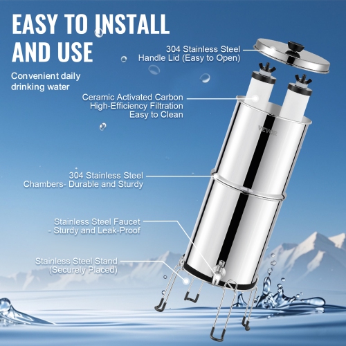 VEVOR 2.25G Gravity-fed Water Filter System, 304 Stainless-Steel Water Filtration System, Reduces Lead and up to 99% of Chlorine, with 2 Ceramic
