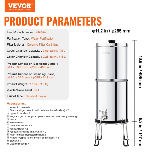 VEVOR 2.25G Gravity-fed Water Filter System, 304 Stainless-Steel Water Filtration System, Reduces Lead and up to 99% of Chlorine, with 2 Ceramic