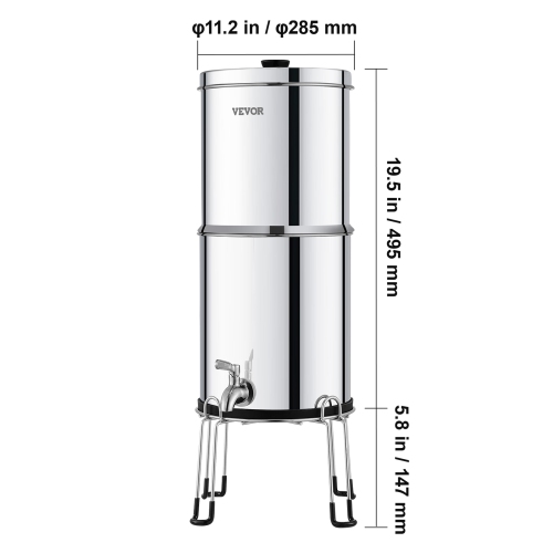 VEVOR 2.25G Gravity-fed Water Filter System, 304 Stainless-Steel Water Filtration System, Reduces Lead and up to 99% of Chlorine, with 2 Ceramic