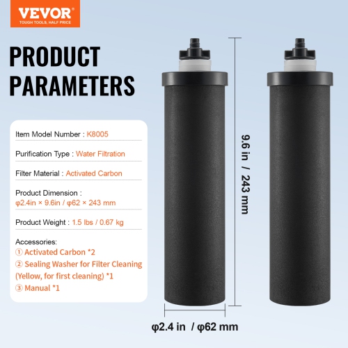 VEVOR 2 Packs Water Filters Replacement, Purification Elements, Activated Carbon Replacement Filters, Easy to Replace, Gravity Filter System,