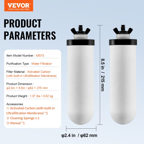 VEVOR 2 Packs Water Filters Replacement, Purification Elements, Ceramic Replacement Filters, Easy to Replace Water, Gravity Water Filter System,