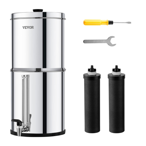 VEVOR 2.25G Gravity-fed Water Filter System, 304 Stainless-Steel Countertop System, Reduces Lead and up to 99% of Chlorine, with 2 Carbon Filters,
