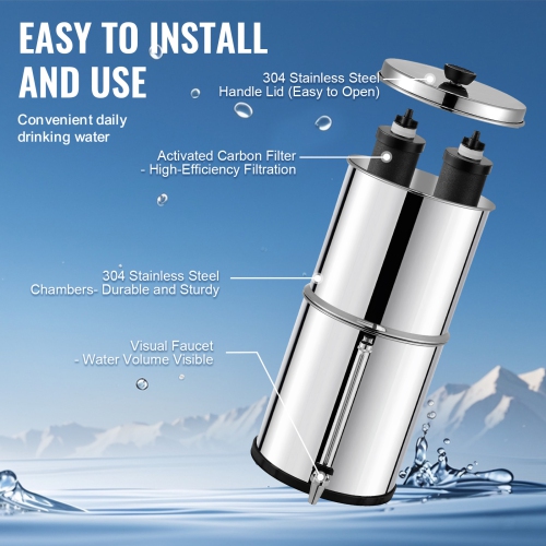 VEVOR 2.25G Gravity-fed Water Filter System, 304 Stainless-Steel Countertop System, Reduces Lead and up to 99% of Chlorine, with 2 Carbon Filters,