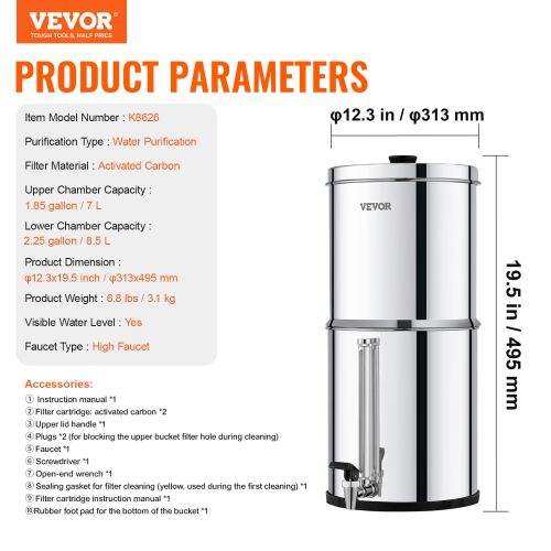 VEVOR 2.25G Gravity-fed Water Filter System, 304 Stainless-Steel Countertop System, Reduces Lead and up to 99% of Chlorine, with 2 Carbon Filters,