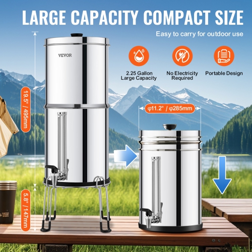 VEVOR 2.25G Gravity-fed Water Filter System,304 Stainless-Steel Countertop System, Reduces Lead and up to 99% of Chlorine, with 2 Carbon Filters,