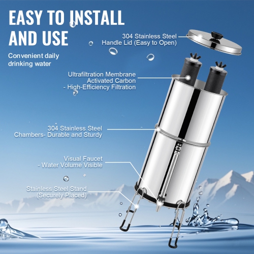 VEVOR 2.25G Gravity-fed Water Filter System,304 Stainless-Steel Countertop System, Reduces Lead and up to 99% of Chlorine, with 2 Carbon Filters,