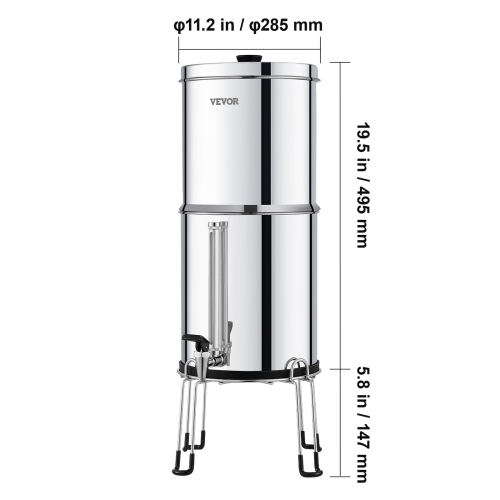 VEVOR 2.25G Gravity-fed Water Filter System,304 Stainless-Steel Countertop System, Reduces Lead and up to 99% of Chlorine, with 2 Carbon Filters,
