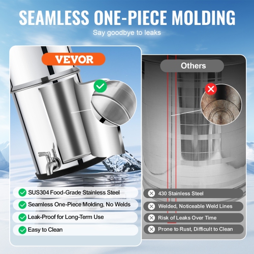 VEVOR 1.5G Gravity-fed Water Filter System, 304 Stainless-Steel Countertop System, Reduces Lead and up to 99% of Chlorine, with 2 Carbon Filters &